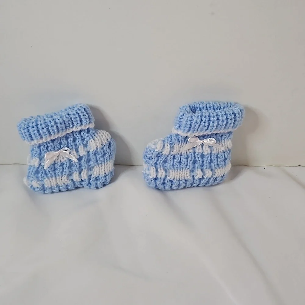 Hand Crafted Crochet Baby Shoes Baby Blue and white Tread & Handmade Bow Ribbon